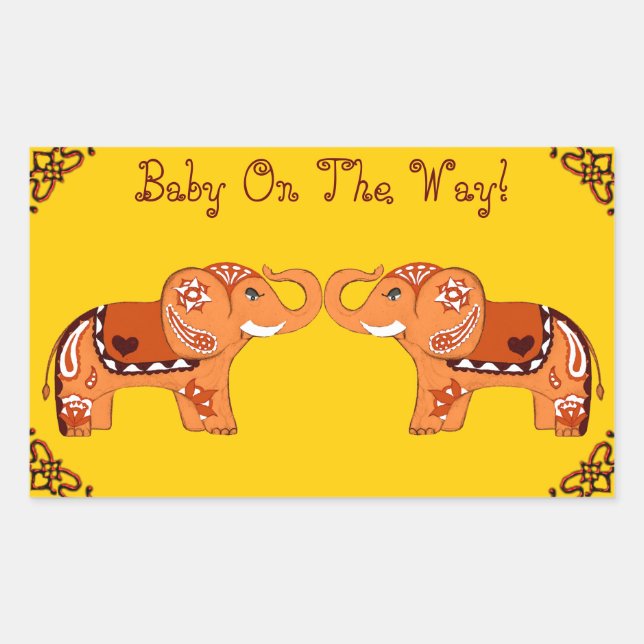 Pegatina Rectangular Henna Elephant (Naranja/Rojo) (Baby Shower) (Anverso)