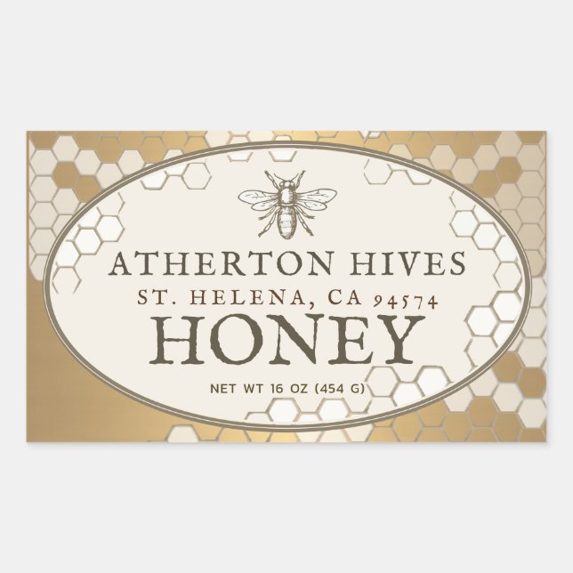 Pegatina Rectangular Heraldic Bee Ivory Oval Honey Label Honeycomb (Anverso)