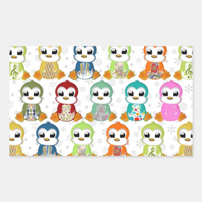 Pegatina Rectangular Hermosas flores de pingüinos de colores (Anverso)