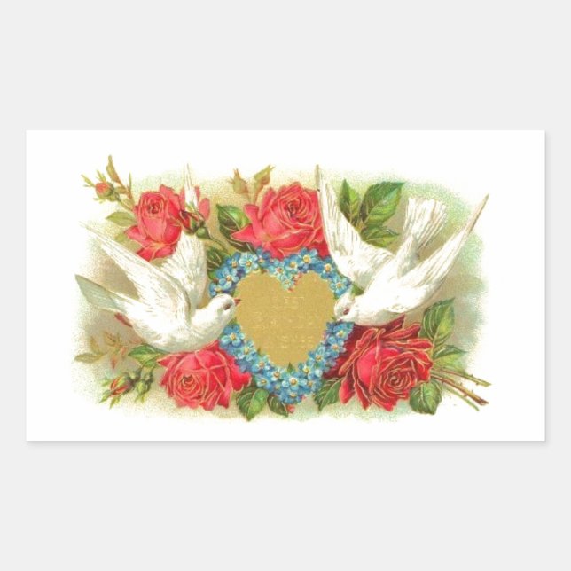 Pegatina Rectangular Hermosas palomas de San Valentín y Rosas (Anverso)