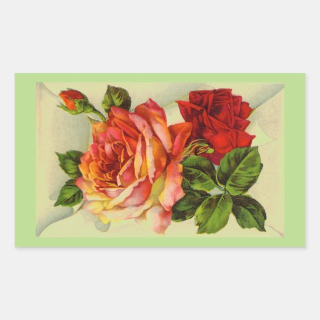 Pegatina Rectangular Hermoso Bouquet de Rosas Vintage (Anverso)
