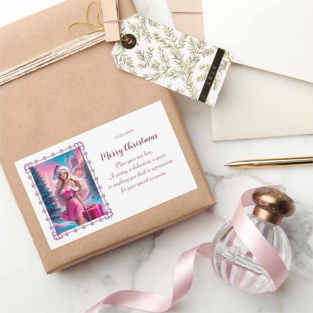 Pegatina Rectangular Hermoso Chica de Navidades rosados 01 (Regalar)