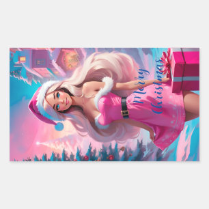 Pegatina Rectangular Hermoso Chica de Navidades rosados 01