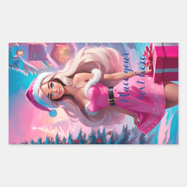 Pegatina Rectangular Hermoso Chica de Navidades rosados 01 (Anverso)