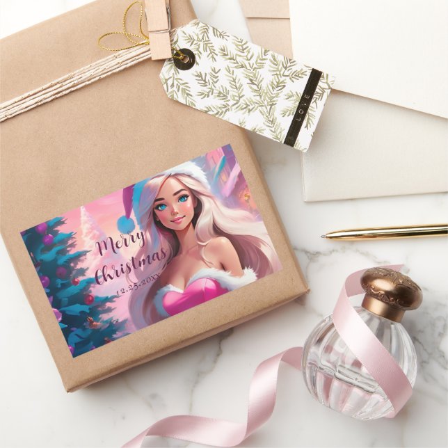 Pegatina Rectangular Hermoso Chica de Navidades rosados 01 (Regalar)