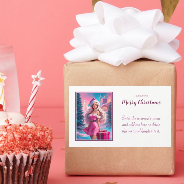 Pegatina Rectangular Hermoso Chica de Navidades rosados 01 (Fiesta)