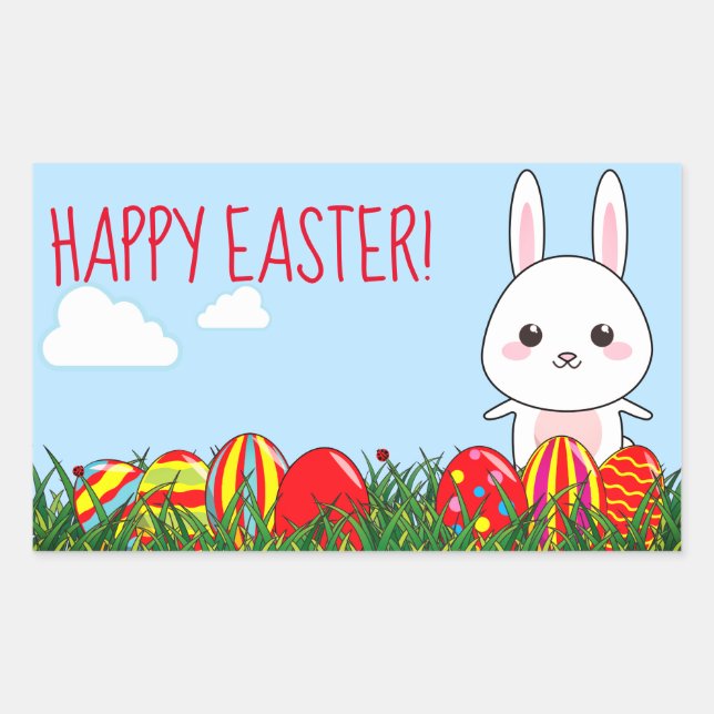 Pegatina Rectangular Hermoso conejo de Pascua y huevos con hierba (Anverso)