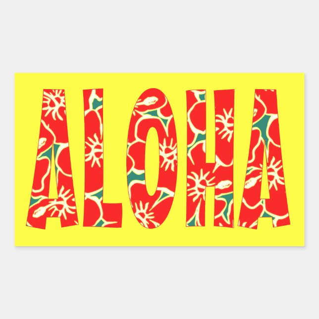 Pegatina Rectangular Hibiscus Rojo Flores Tropicales Hawai Luau Aloha (Anverso)