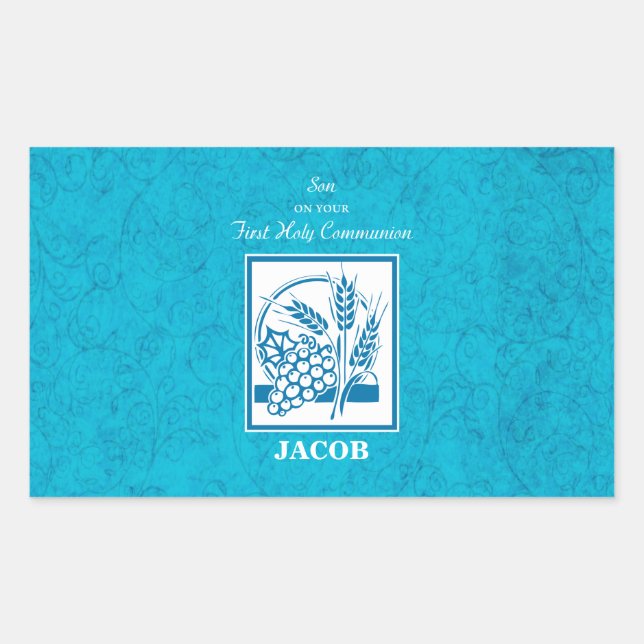Pegatina Rectangular Hijo, Primera Comunión, Trigo, Uvas Azules (Anverso)