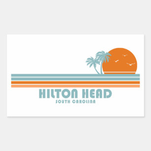 Pegatina Rectangular Hilton Head South Carolina Sun Palm Trees