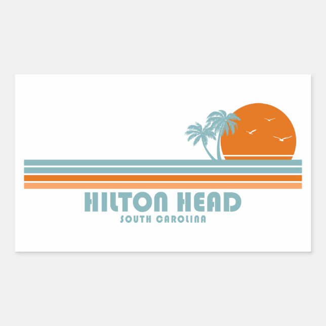 Pegatina Rectangular Hilton Head South Carolina Sun Palm Trees (Anverso)
