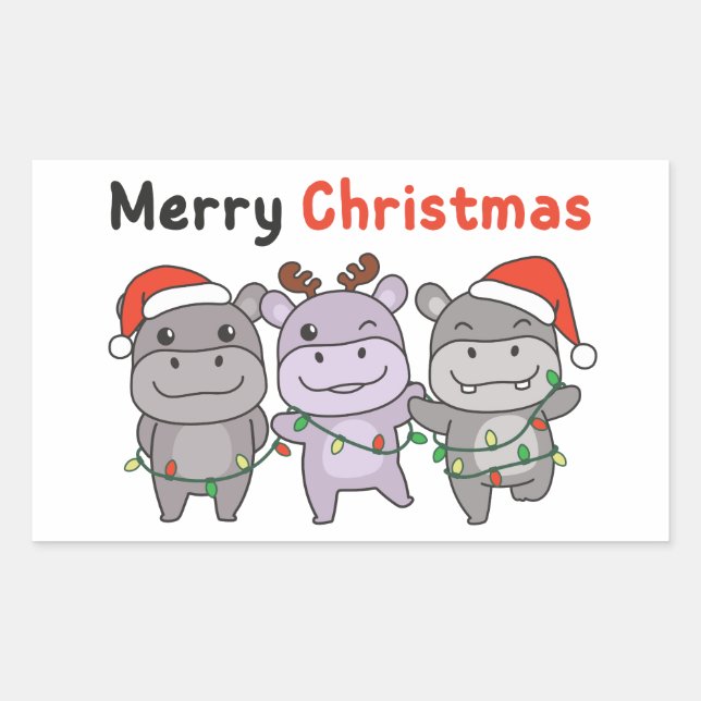 Pegatina Rectangular Hippo Merry Christmas Cute Dogs Holiday (Anverso)