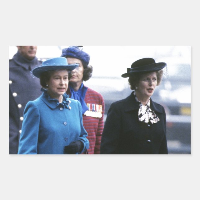 Pegatina Rectangular HM Queen Elizabeth II-Margaret Thatcher (Anverso)