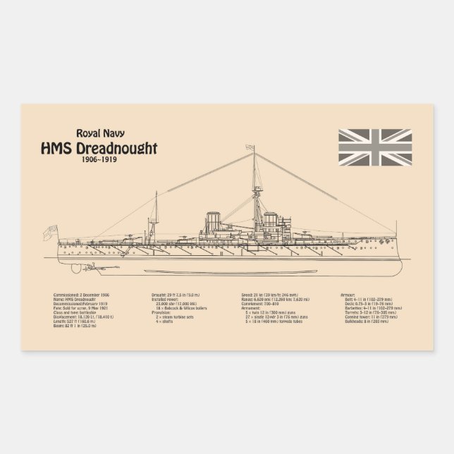 Pegatina Rectangular HMS Dreadnought - SD de diseño para el buque (Anverso)
