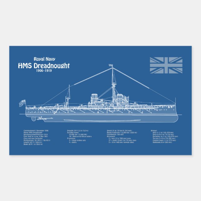 Pegatina Rectangular HMS Dreadnought - Ship Blueprint ABD (Anverso)