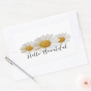 Pegatina Rectangular Hola Hermosa Tres Daisies Blancos Floral