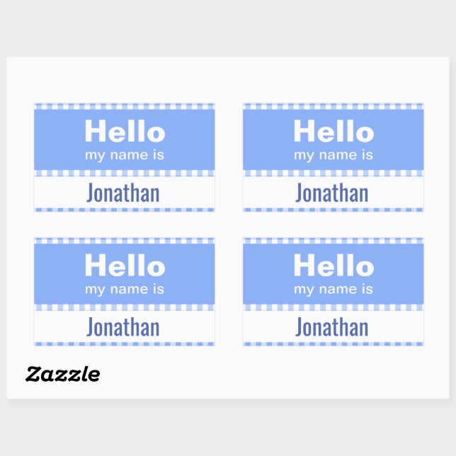 Pegatina Rectangular Hola Mi nombre es - azul gingham y blanco (Hoja)