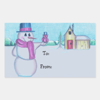 Pegatina Rectangular Hombre de nieve con dibujo de arte folclórico rojo