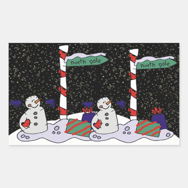 Pegatina Rectangular Hombre de nieve y Polo Norte - (Anverso)
