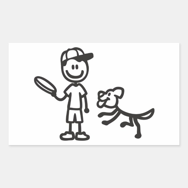 Pegatina Rectangular Hombre de palo y perro jugando a Frisbee (Anverso)