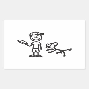 Pegatina Rectangular Hombre de palo y perro jugando a Frisbee