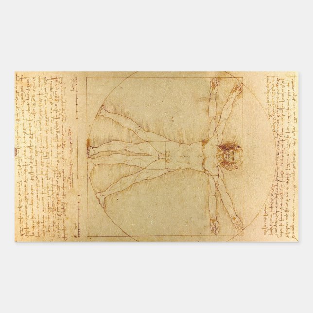 Pegatina Rectangular Hombre de Vitruvio de Leonardo Da Vinci (Anverso)