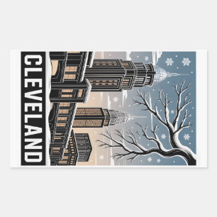 Pegatina Rectangular Horizonte de Cleveland Ohio Invierno Grabado en Ma