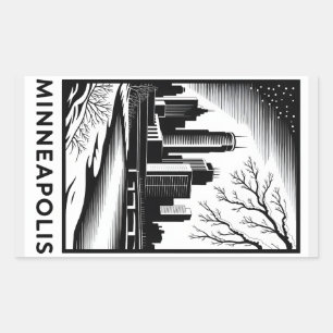 Pegatina Rectangular Horizonte de Minneapolis en negro y blanco estilo 