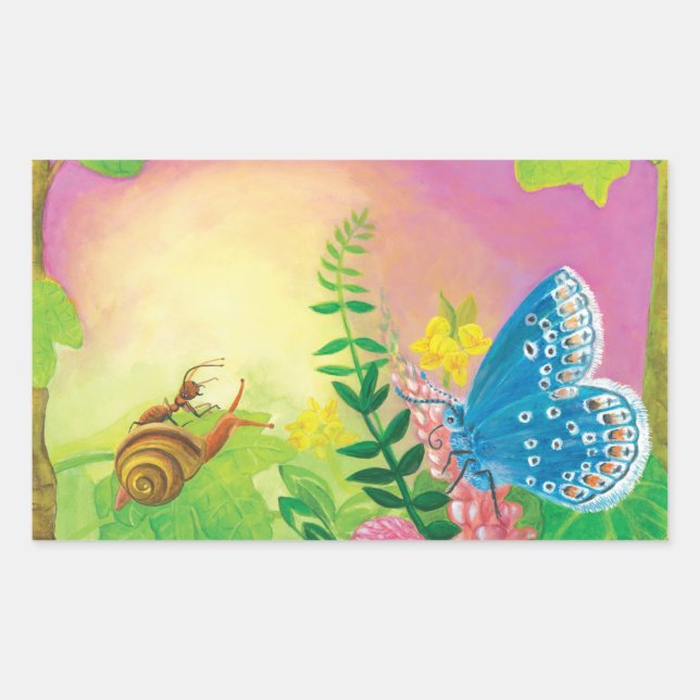 Pegatina Rectangular Hormiga, caracol y mariposa azul de Chapman (Anverso)