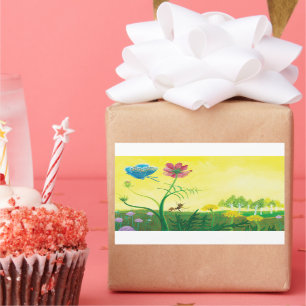 Pegatina Rectangular Hormiga y mariposa en el prado de flores silvestre