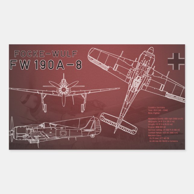 Pegatina Rectangular Huella azul Focke-Wulf Fw 190 (Anverso)