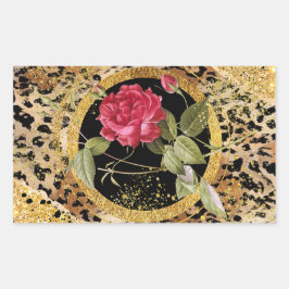 Pegatina Rectangular huella de leopardo con rosas y purpurina de oro