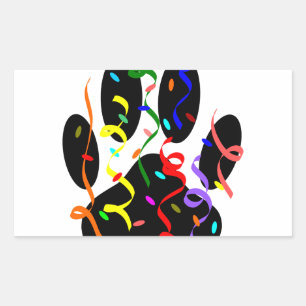 Pegatina Rectangular Huella de pata de perro con confeti y serpentina