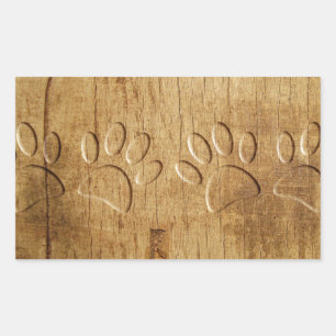 Pegatina Rectangular Huella de pata de perro de madera tallada