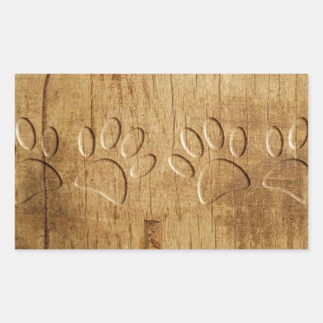 Pegatina Rectangular Huella de pata de perro de madera tallada (Anverso)