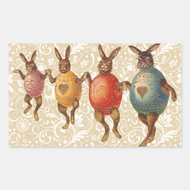 Pegatina Rectangular Huevos de baile del conejo de Pascua (Anverso)