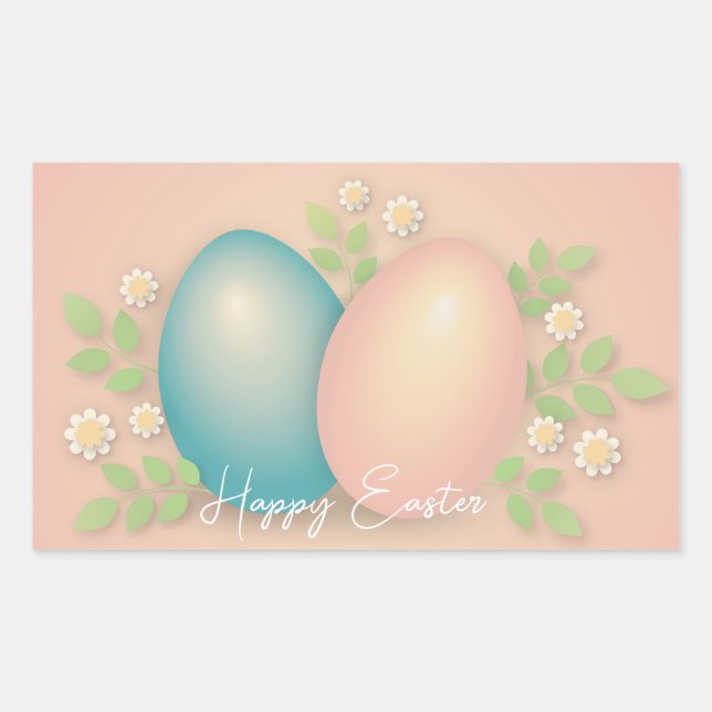 Pegatina Rectangular Huevos de pascua azul y rosa bebe y floral de prim (Anverso)