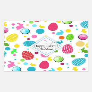 Pegatina Rectangular Huevos de Pascua coloridos, conejitos, monograma