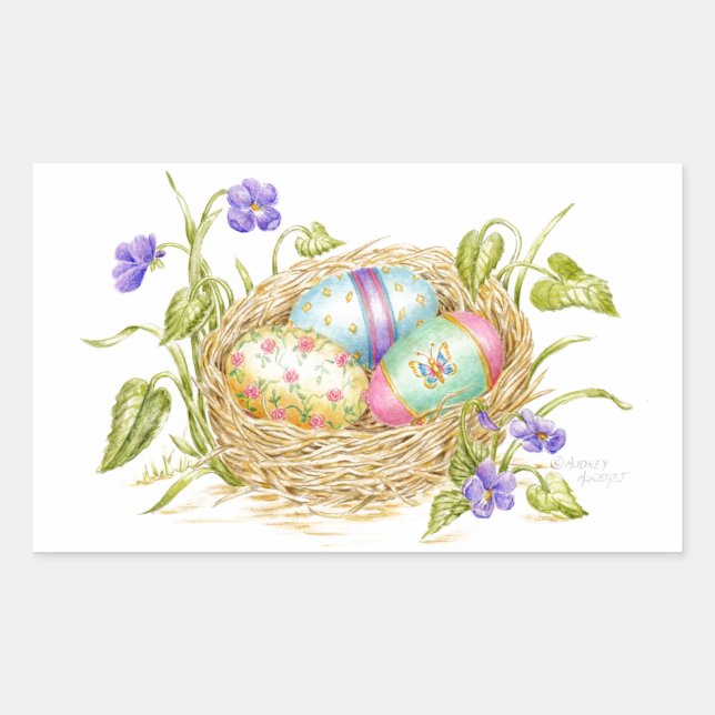 Pegatina Rectangular Huevos de Pascua pintados en Pegatinas de nido (Anverso)
