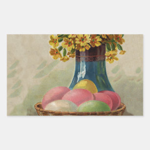 Pegatina Rectangular Huevos Flores Canasta Pascua Antiguo