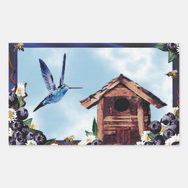 Pegatina Rectangular Hummingbird, Birdhouse y Blueberries (Anverso)