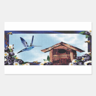 Pegatina Rectangular Hummingbird, Birdhouse y Blueberries