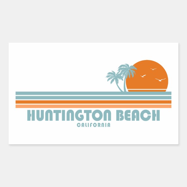 Pegatina Rectangular Huntington Beach California Sun Palm Trees (Anverso)