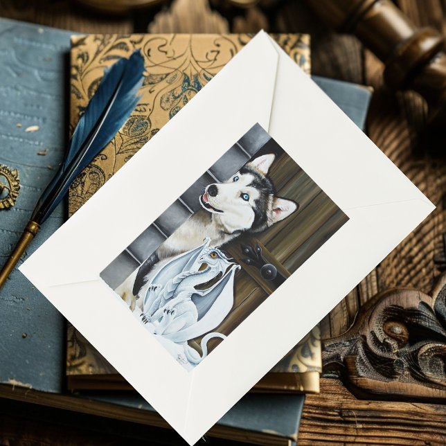 Pegatina Rectangular Husky Dog White Dragon Adventure (Subido por el creador)