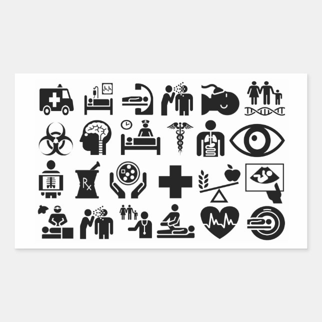 Pegatina Rectangular Iconos médicos diseño negrita en blanco y negro (Anverso)