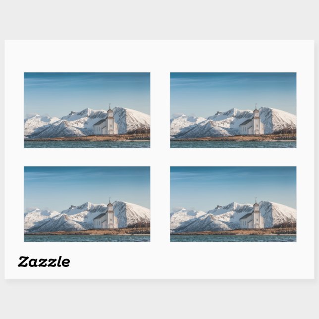 Pegatina Rectangular Iglesia de Gimsoy Lofoten Noruega (Hoja)