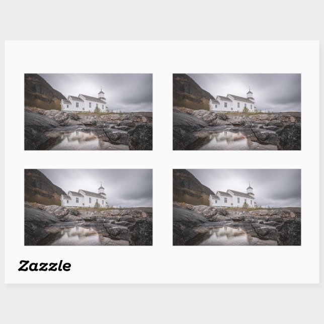 Pegatina Rectangular Iglesia de Gimsoy Lofoten Noruega (Hoja)