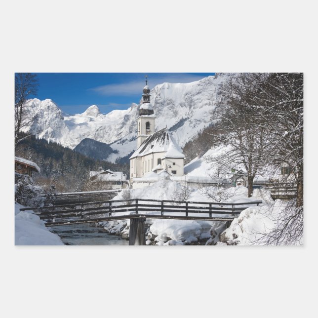 Pegatina Rectangular Iglesia en la nieve con los Alpes (Anverso)