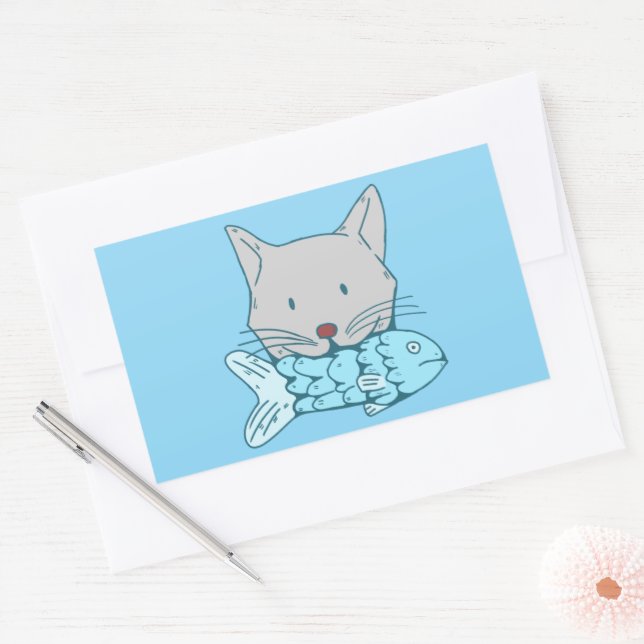Pegatina Rectangular Illustration of a cat eating fish.  (Sobre)