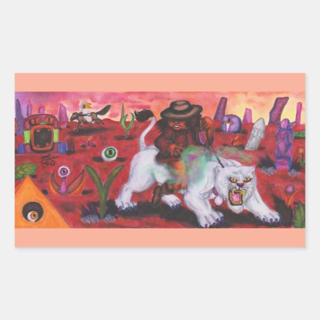 Pegatina Rectangular Ilustracion acuarela Niño monta leona blanca (Anverso)